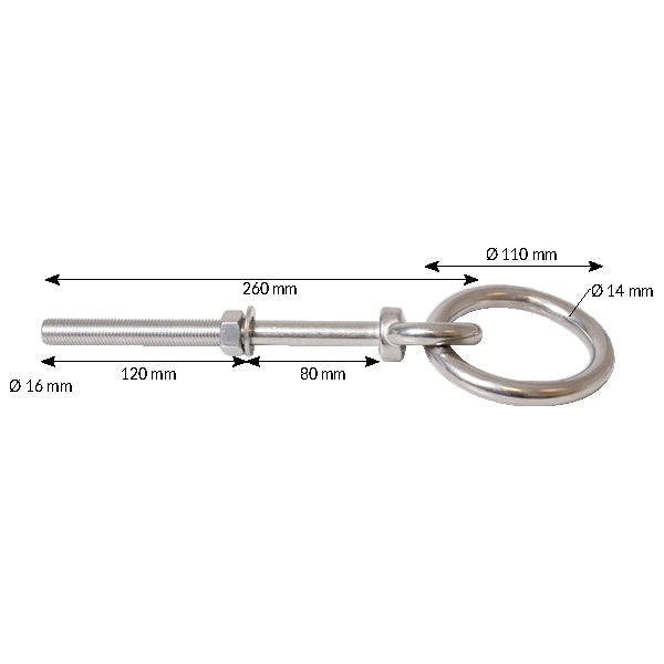 Fortøjningsbolt med ring, Ø16mm 260mm lang AISI 316-2