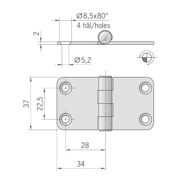 Roca hængsel 68x37mm AISI 304-2