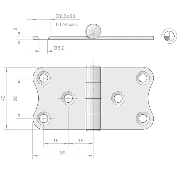 Roca hængsel 78x40mm AISI 316-2