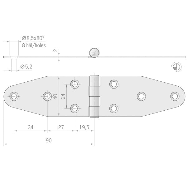 Roca hængsel 180x40mm AISI 316-2