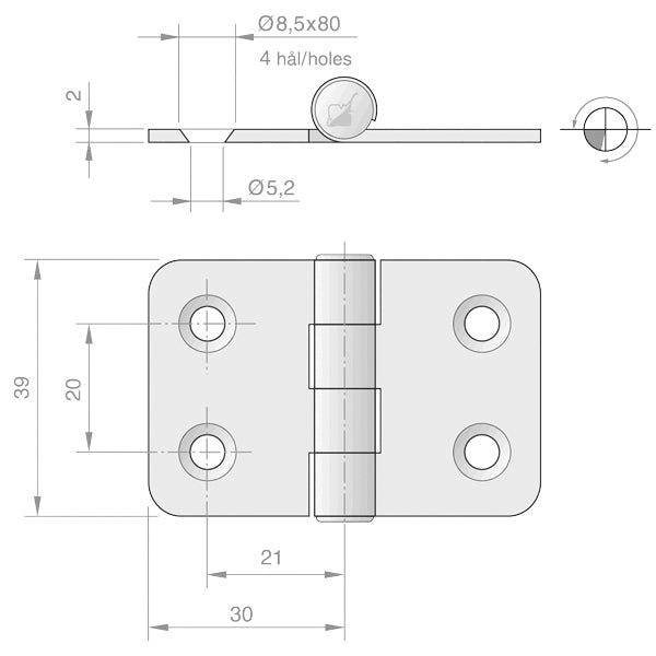 Roca hængsel 60x39mm AISI 316-2
