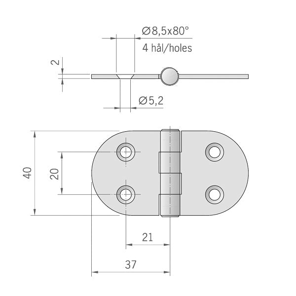 Roca hængsel centreret aksel 74x40mm AISI 316-2