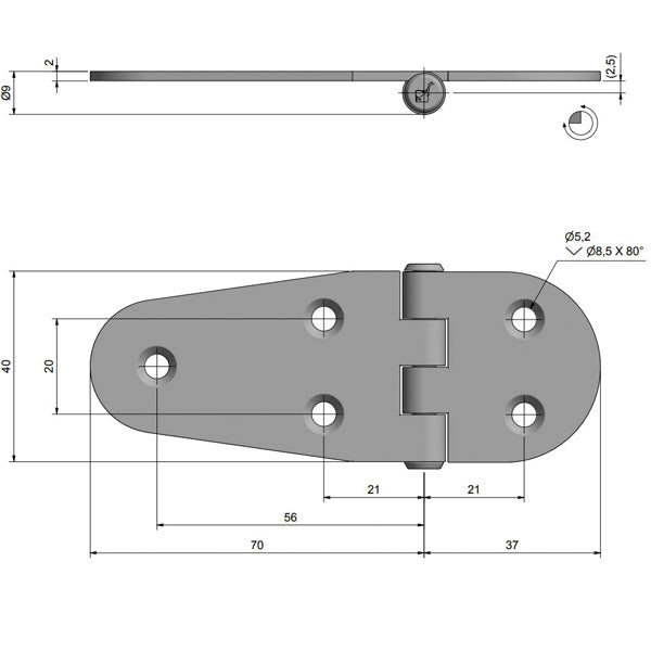 Roca hængsel omvendt aksel 107x40mm AISI 316-2