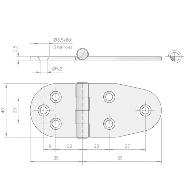 Roca hængsel 98x40mm AISI 316-2