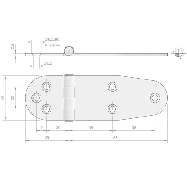 Roca hængsel 127x40 mm AISI 316-2