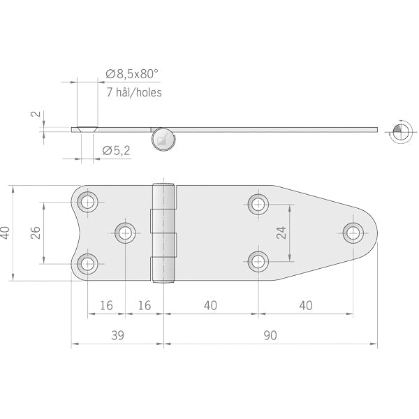 Roca hængsel omvendt 129x40mm AISI 304-2
