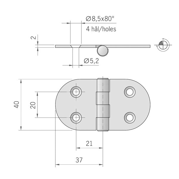 Roca hængsel 74x40mm omvendt AISI316-2