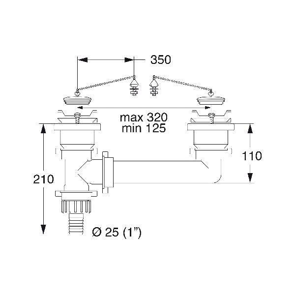 Dobbelt afløb 125 - 320 mm med Ø 25 mm studs-2
