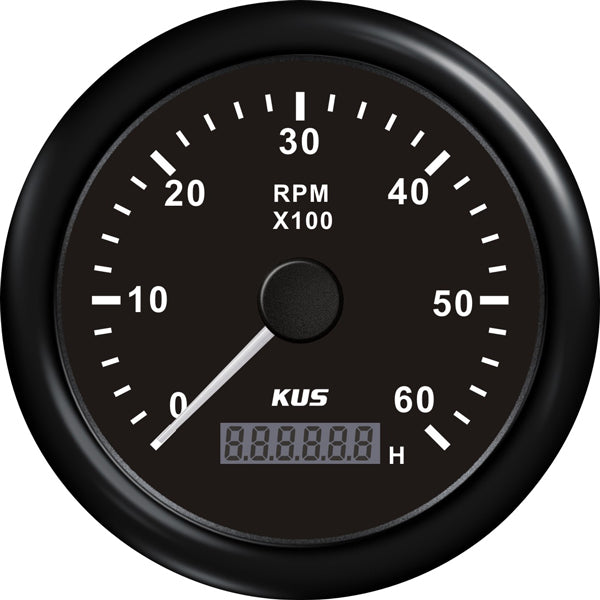 Kus omdr.tæller diesel 0-6000 0.5-250 med time.sort 12/24V Ø-1
