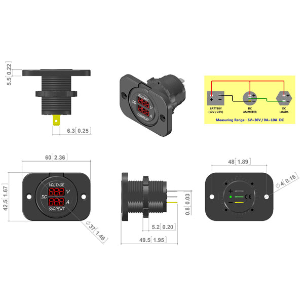 1852 panel med volt- & amperemeter 6-30 Vdc 0-10Amp-2