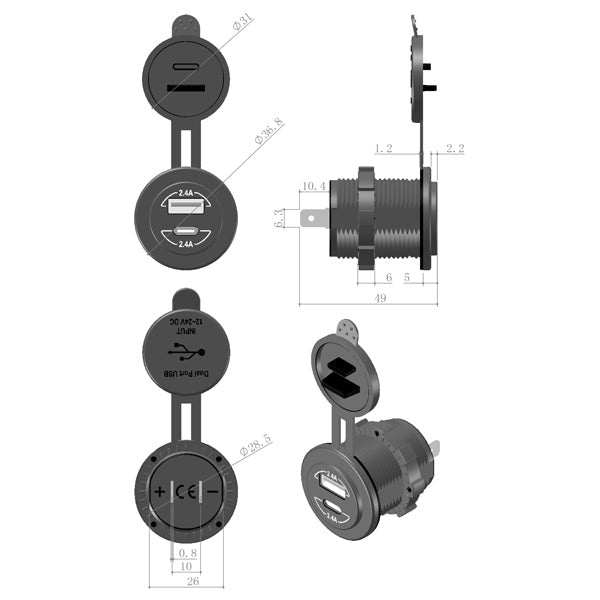 1852 indbygnings USB udtag IP65 12/24V USB A & C-4