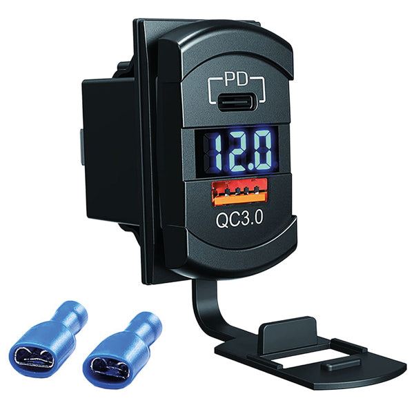 Kontakt med 1stk USB A, 1 stk USB C, voltmeter, 12-24V-1