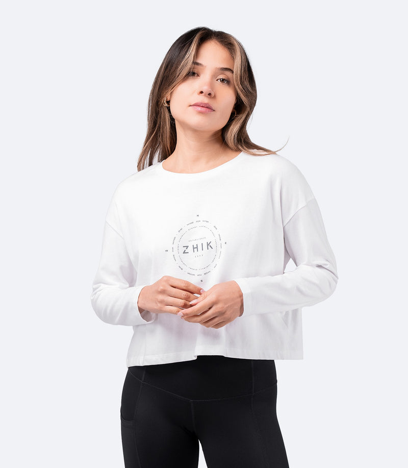 Womens Compass Print Long Sleeve Cotton Tee-1